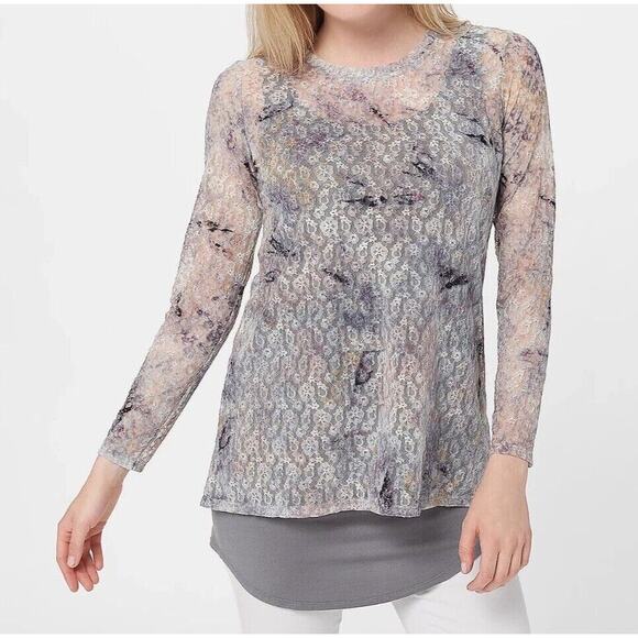 LOGO by Lori Goldstein Floral Tie Dye Sheer Lace Top Womens Size 5X Long Sleeve - Picture 2 of 11